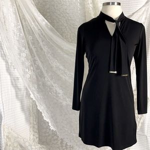 LBD long sleeve black dress with tie